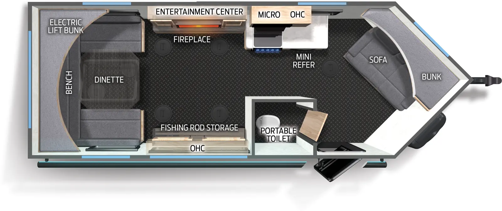 The Grey Wolf 16HUT floorplan has one entry and zero slide outs. Exterior features include: metal exterior and 16' (Optional) awning. Interiors features include: u-dinette.